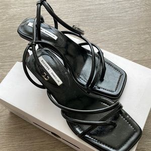 Black Square Toe Strappy Low Heel